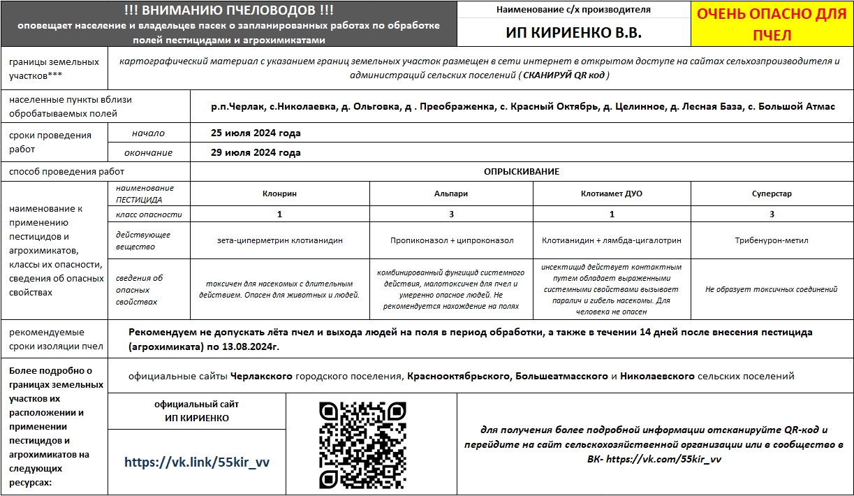 ВНИМАНИЕ ПЧЕЛОВОДАМ - ОБРАБОТКА ПОЛЕЙ.